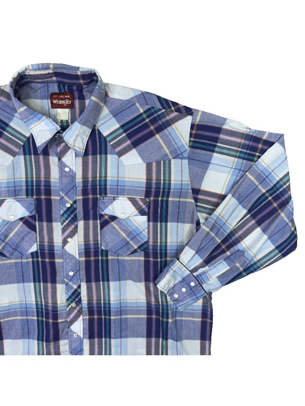 Wrangler Western Shirt Mens 3XL Tall Man Blue Plaid Pearl Snap Rockabilly Cowboy
